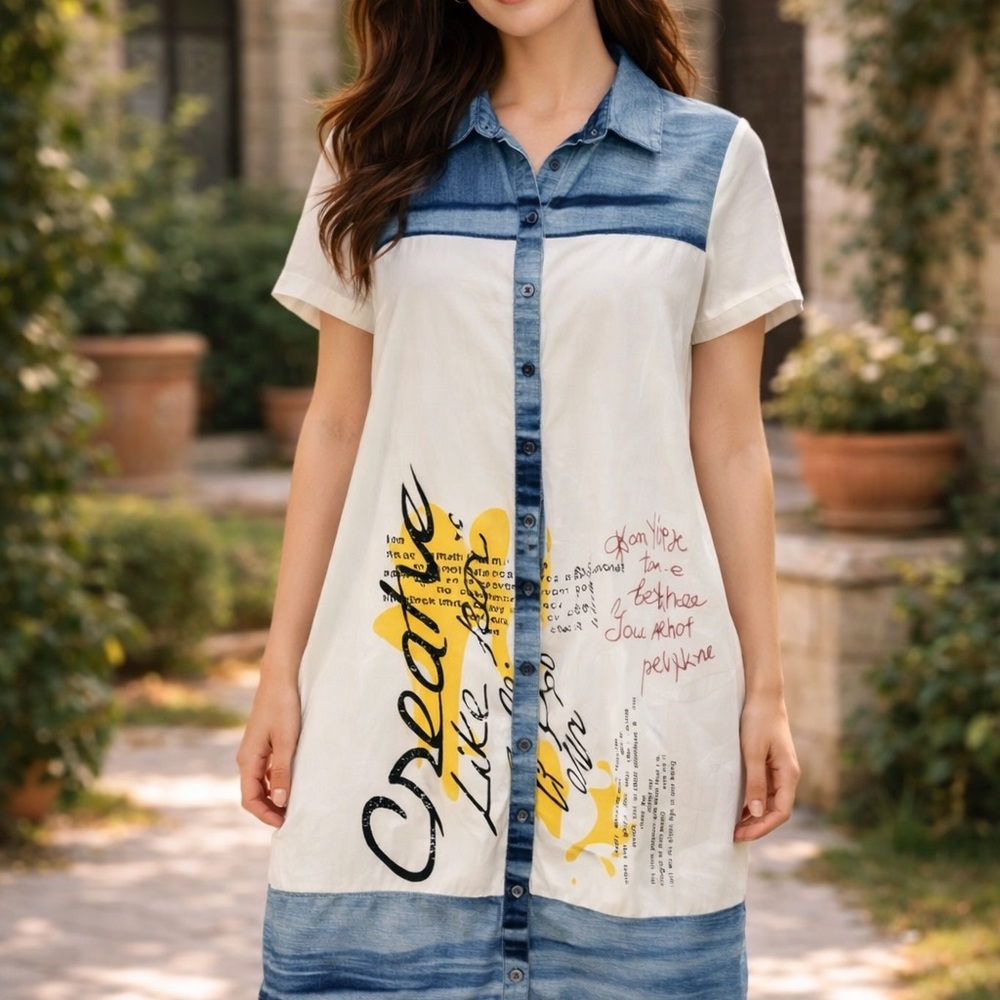 Eternal Flame Art Midi‎ Shirt Dress Size L Spring, Summer